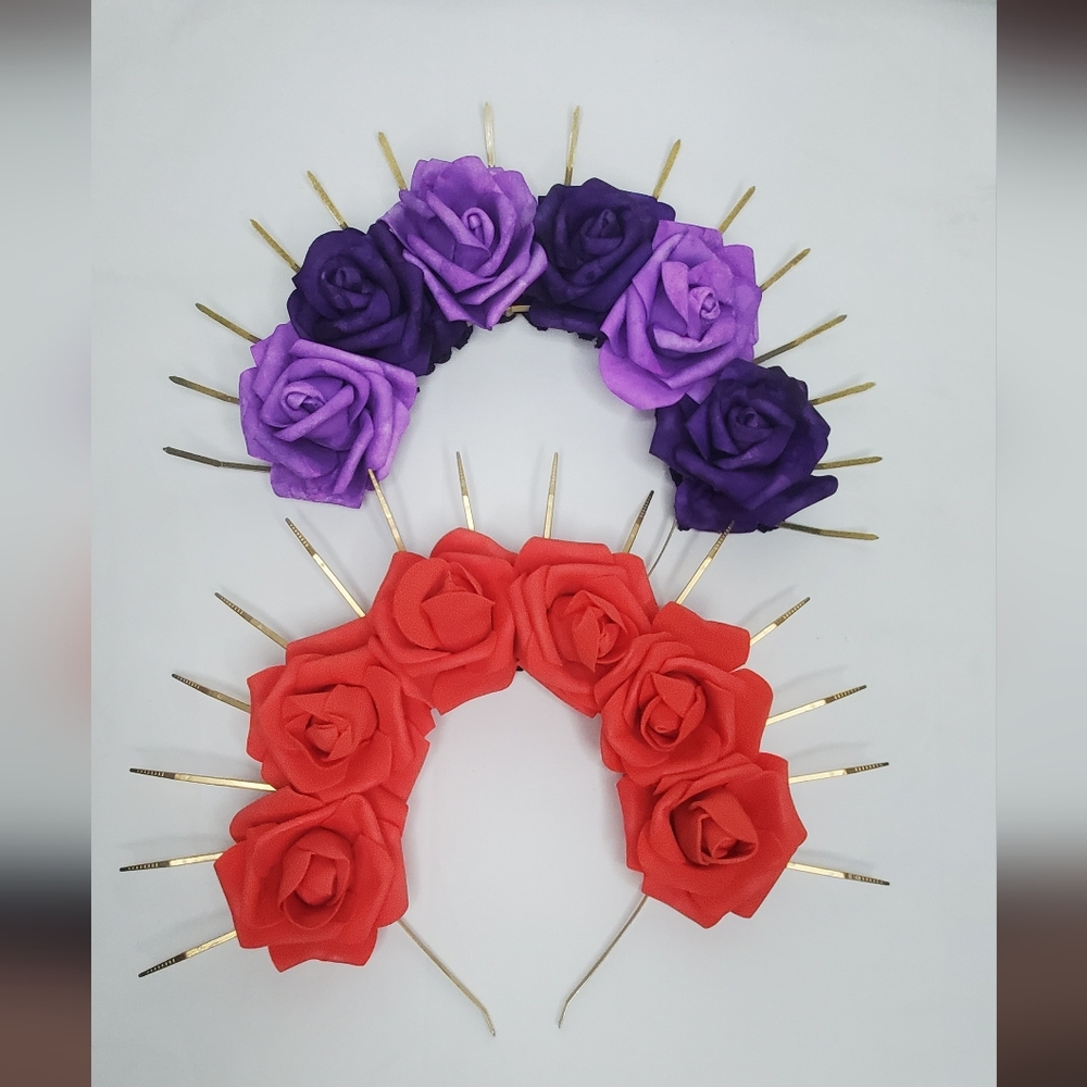 Mexican Elegant Floral Head Piece with Gold Metal Accents Red Or Purple